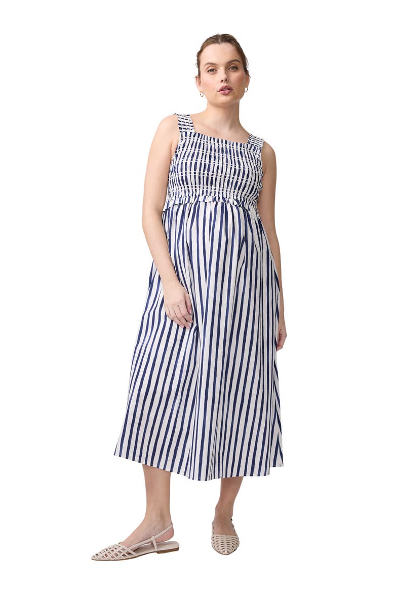Santorini Smocked Midi Maternity Dress, Main, color, Indigo Stripe