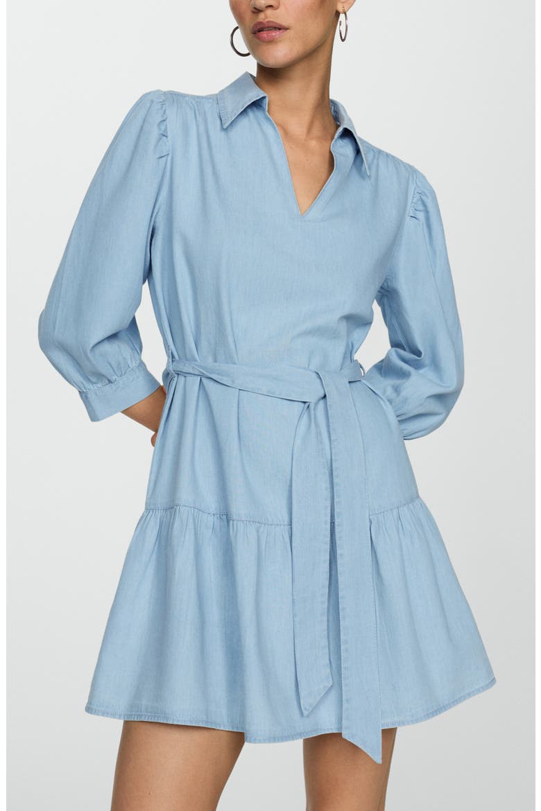 Puff Sleeve Tie Belt Denim Shirtdress, Alternate, color, LIGHT BLUE
