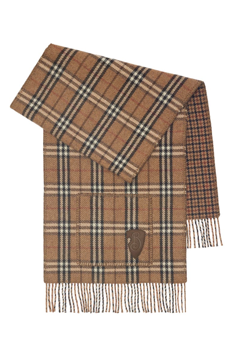 Burberry Reversible Check Cashmere & Wool Fringe Scarf, Alternate, color,