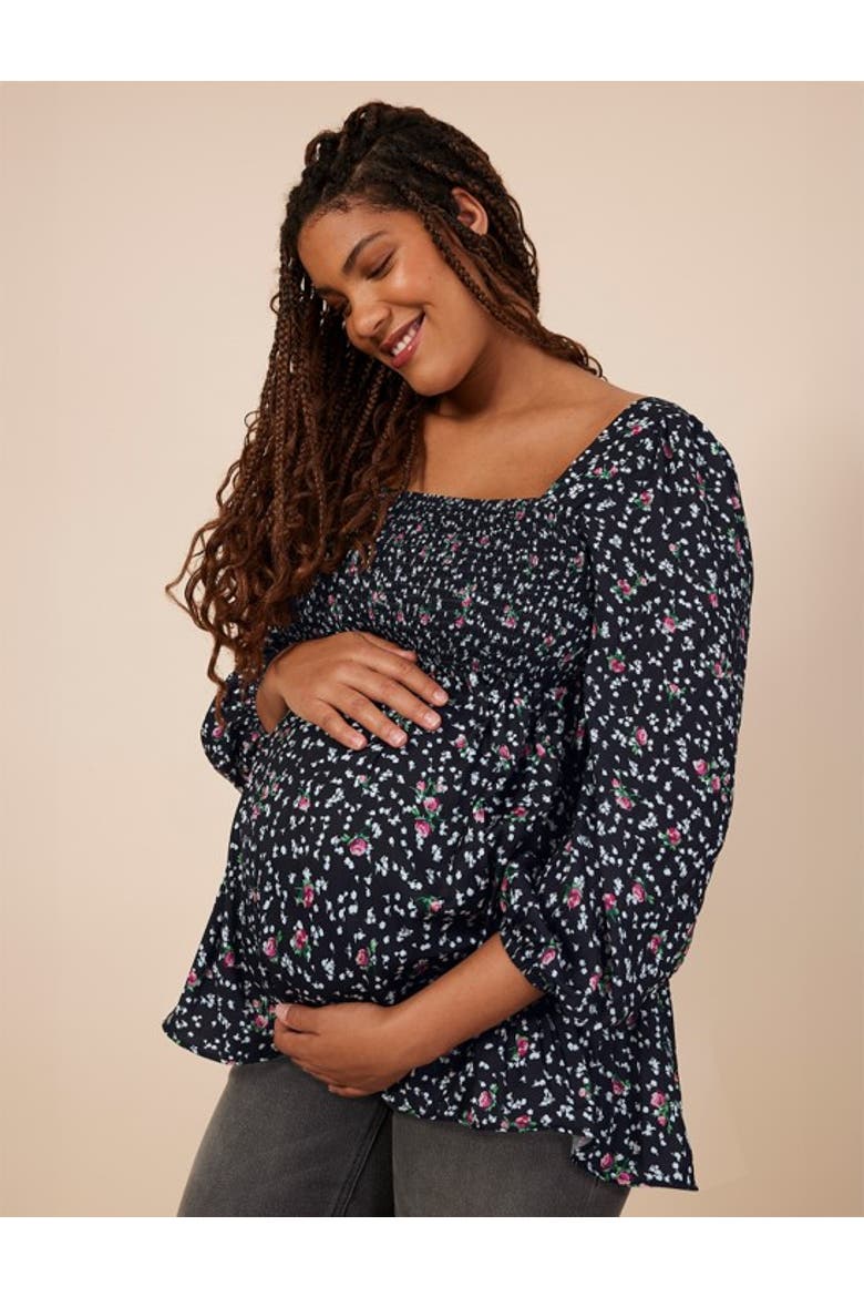 Smocked Square Neck Long Sleeve Babydoll Maternity Top, Alternate, color, Black Ditsy