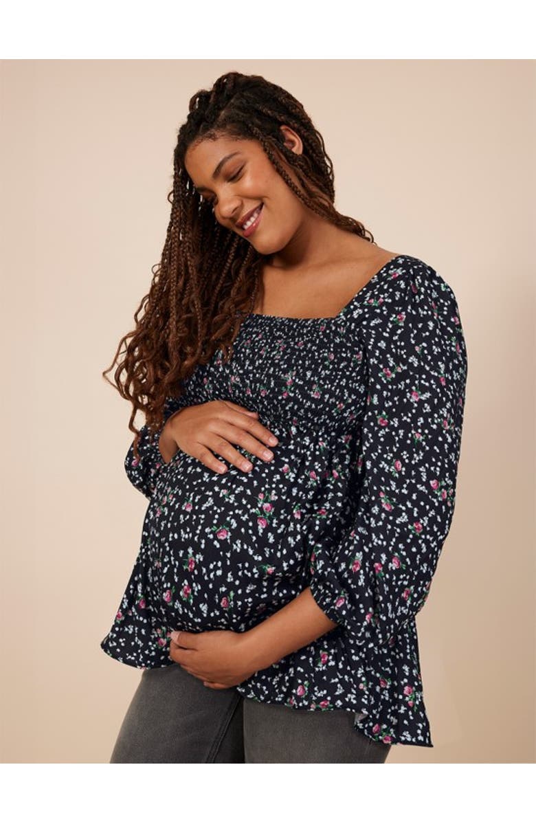 MOTHERHOOD MATERNITY Smocked Square Neck Long Sleeve Babydoll Maternity Top, Alternate, color, Black Ditsy