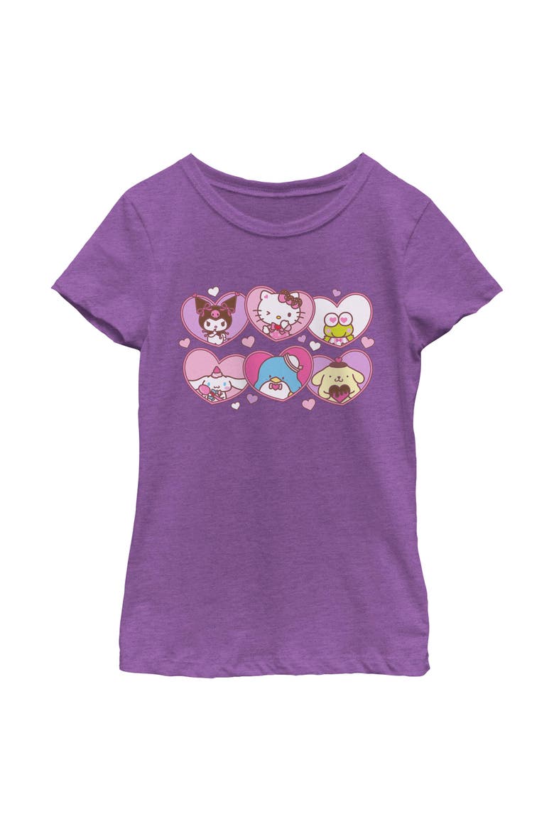 Girls' Cute Hearts and Portraits Graphic Short Sleeve T-Shirt, Main, color, Purple Berry