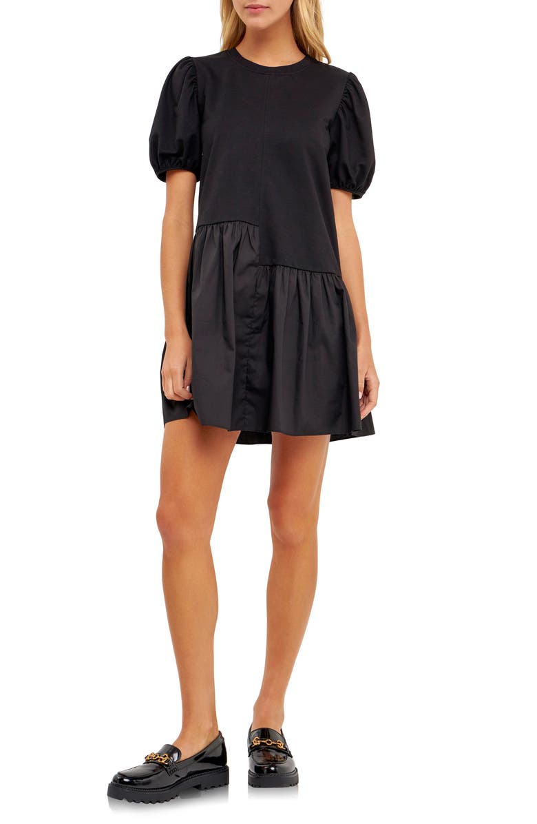 English Factory Puff Shoulder Mixed Media Minidress, Main, color, Black