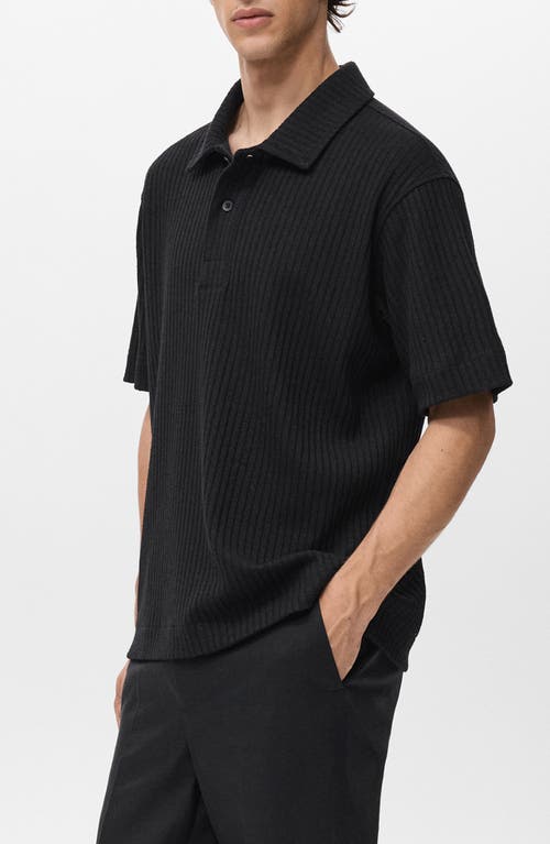 Mango Textured Knit Polo In Black