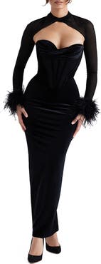 HOUSE OF CB Thalia Long Sleeve Feather Trim Velvet Corset Dress with Shrug