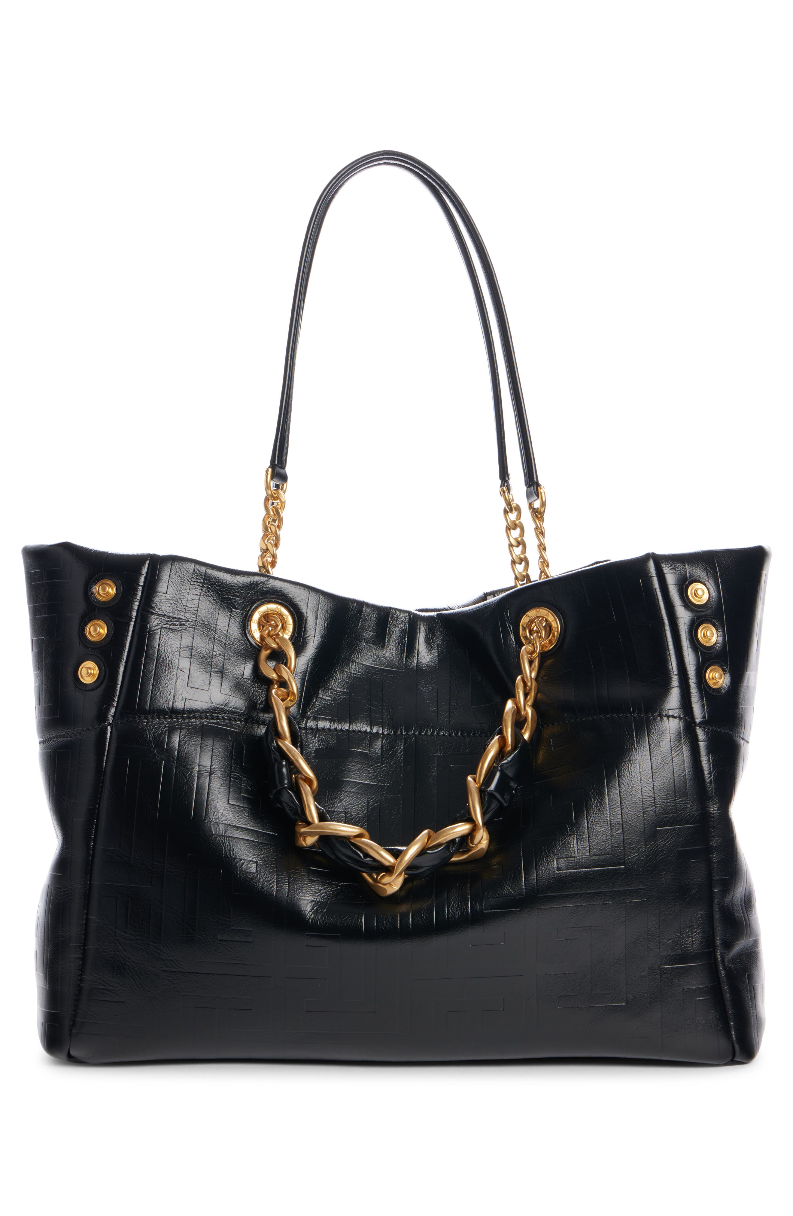 Balmain Small 1945 Monogram Embossed Soft Leather Tote, Alternate, color, 0Pa Black