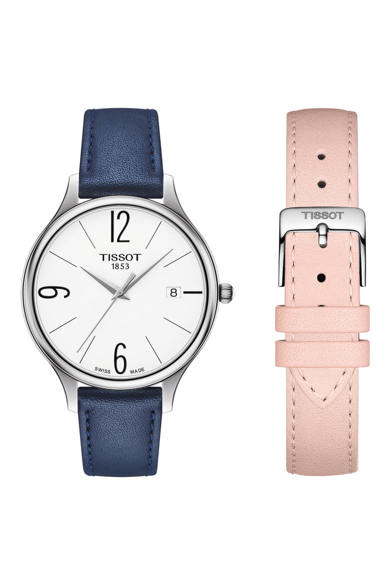 Bella Ora Round Watch & Leather Strap Set, 38mm, Alternate, color, BLUE/ WHITE/ SILVER
