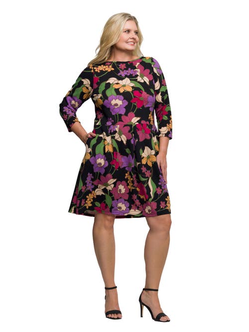 24seven Comfort Apparel Plus Size Black Multicolor Floral Fit And Flare Pocket Knee Length Dress In Multi