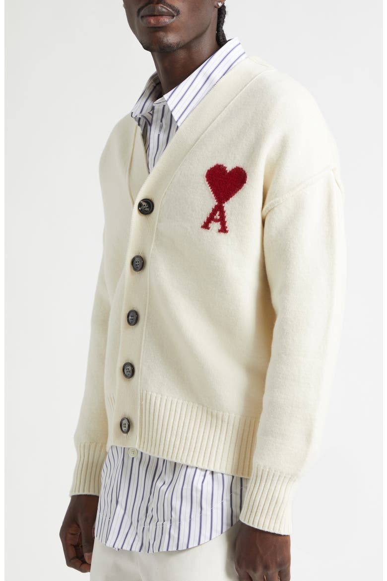 Ami de Coeur Intarsia Wool Cardigan, Alternate, color, ECRU/ ROUGE