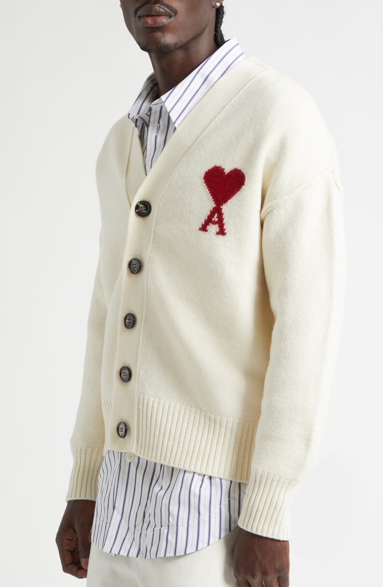 AMI PARIS Ami de Coeur Intarsia Wool Cardigan, Alternate, color, Ecru/ Rouge