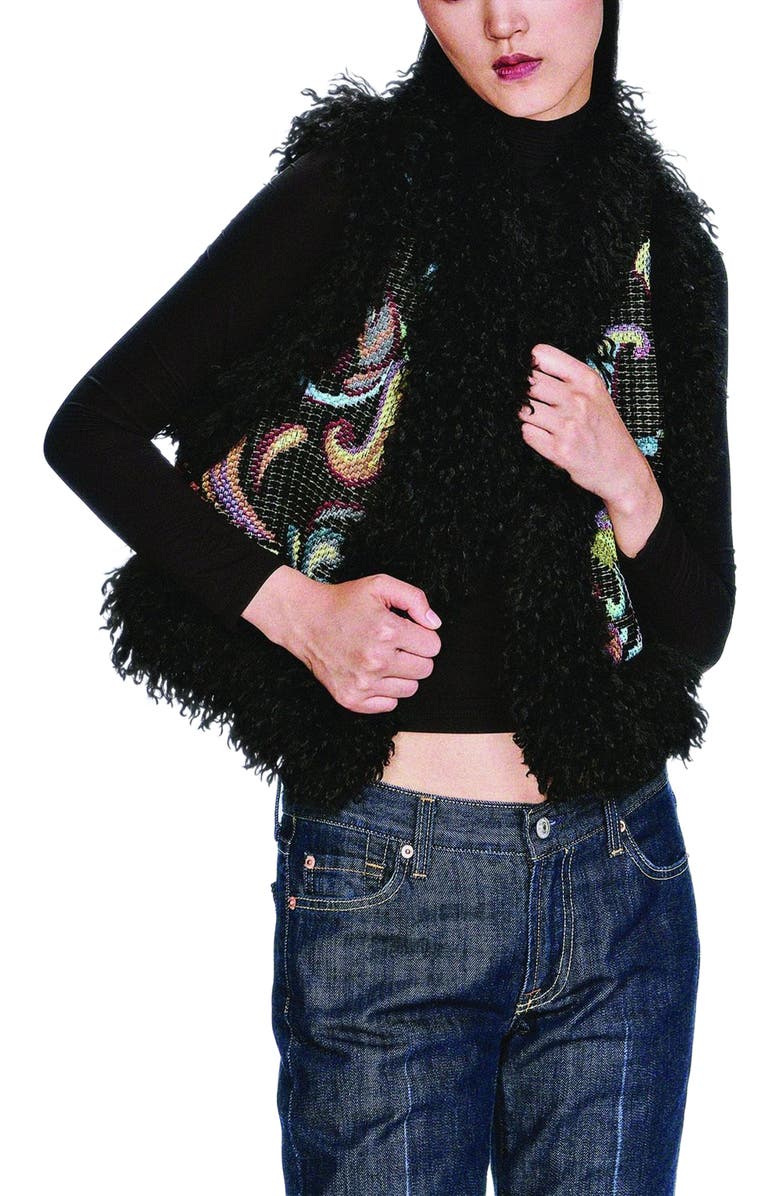 Anna Sui Tapestry Faux Fur Trim Vest, Alternate, color, Black Multi