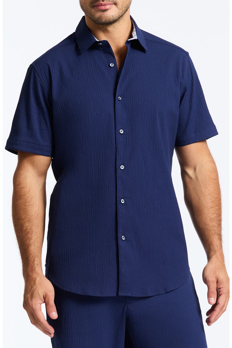 Thresher Classic Fit Solid Short Sleeve Cotton Seersucker Button-Up Shirt, Main, color, NAVY