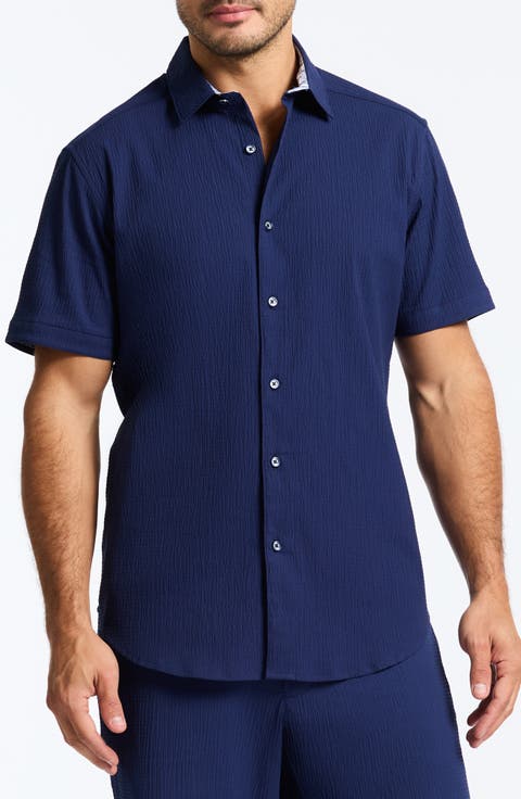 Thresher Classic Fit Solid Short Sleeve Cotton Seersucker Button-Up Shirt