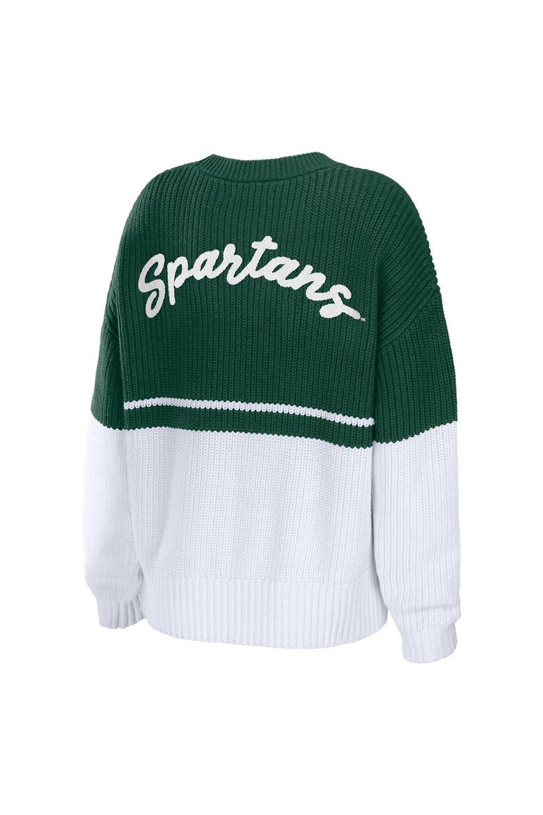 Women's WEAR by Erin Andrews Green/White Michigan State Spartans Boucle Jacquard Patch Chunky Sweater, Alternate, color, Hunter Green