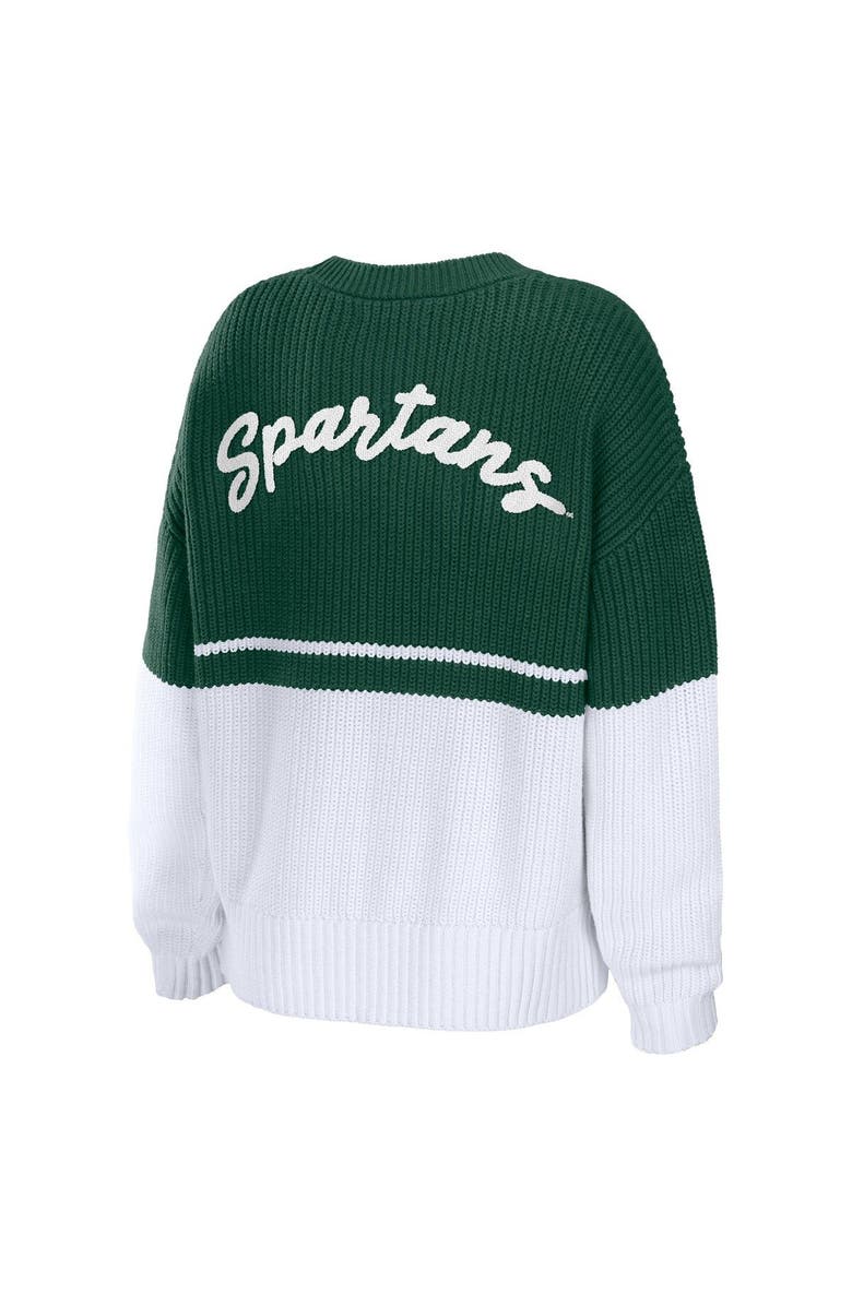 WEAR by Erin Andrews Women's WEAR by Erin Andrews Green/White Michigan State Spartans Boucle Jacquard Patch Chunky Sweater, Alternate, color, 