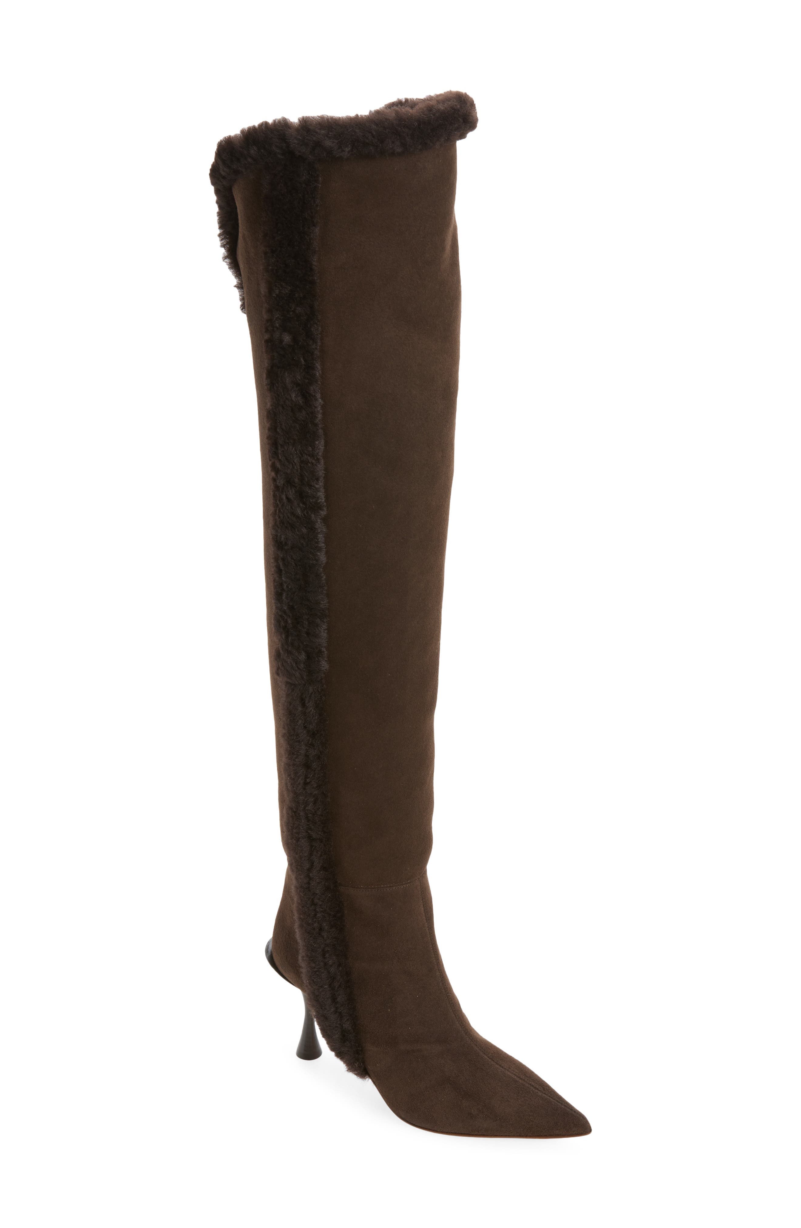 Eiza Genuine Shearling Trim Over the Knee Boot, Main, color, BROWN SUEDE