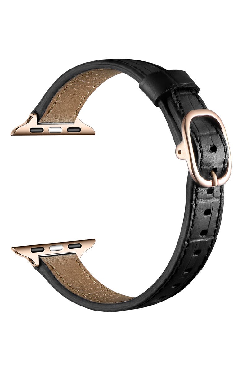 The Posh Tech Carmen Skinny Croc Embossed Leather Apple Watch<sup>®</sup> Watchband, Alternate, color, Black