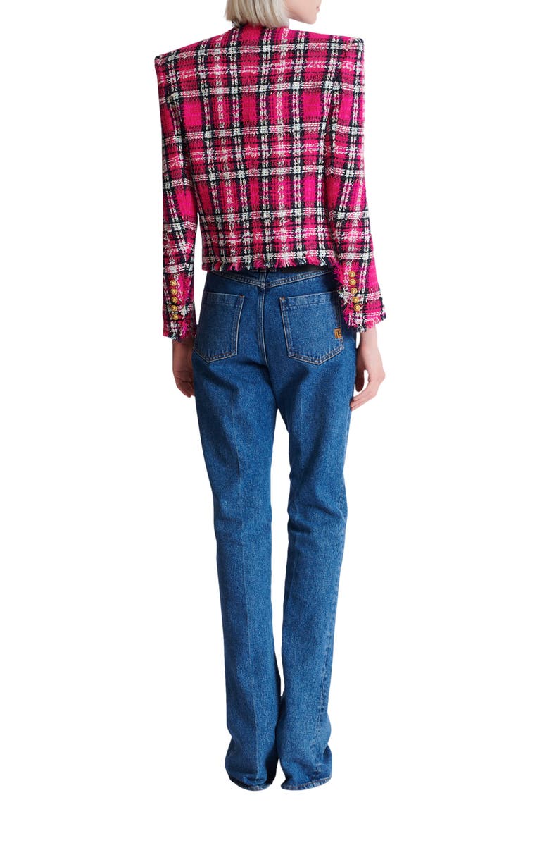 Balmain Cropped jacket in glitter plaid tweed, Alternate, color, Pink