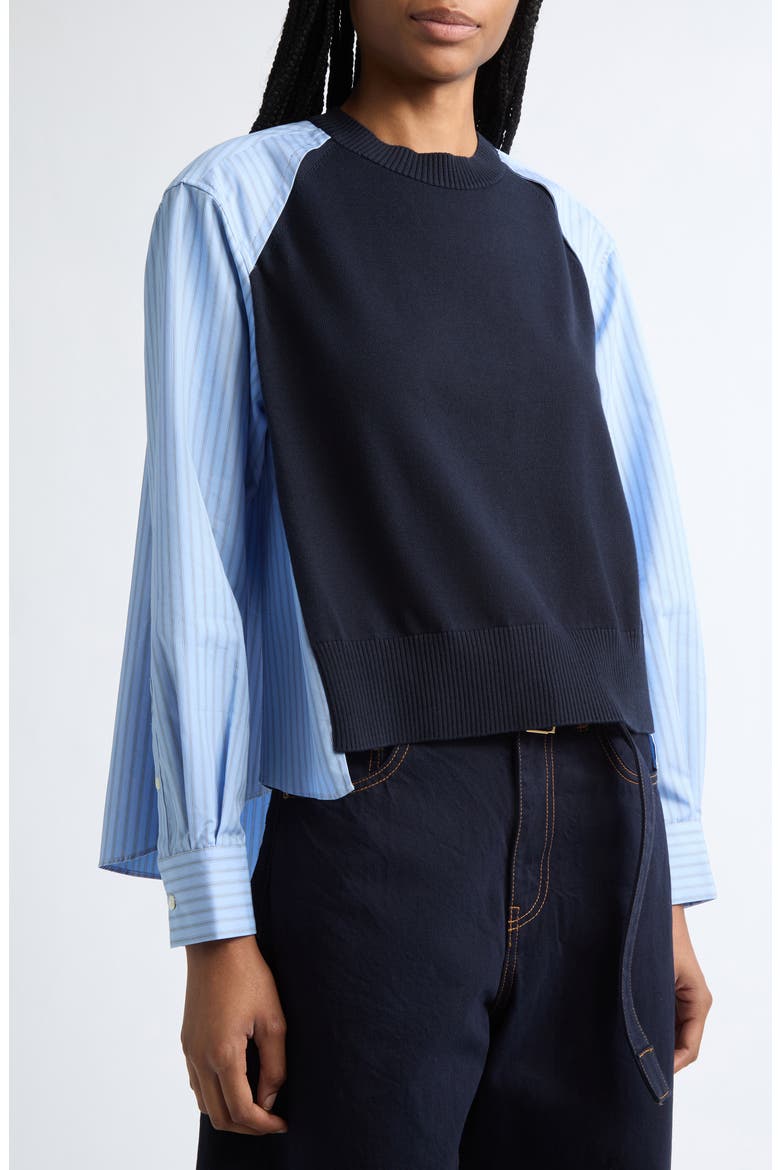 Poplin Mixed Media Knit Sweater, Alternate, color, NAVY/ LIGHT BLUE STRIPE