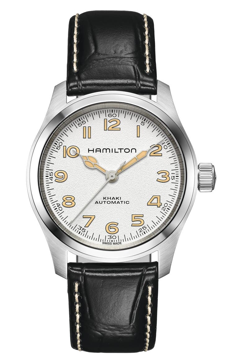 Khaki Field Automatic Leather Strap Watch, 38mm, Main, color, WHITE