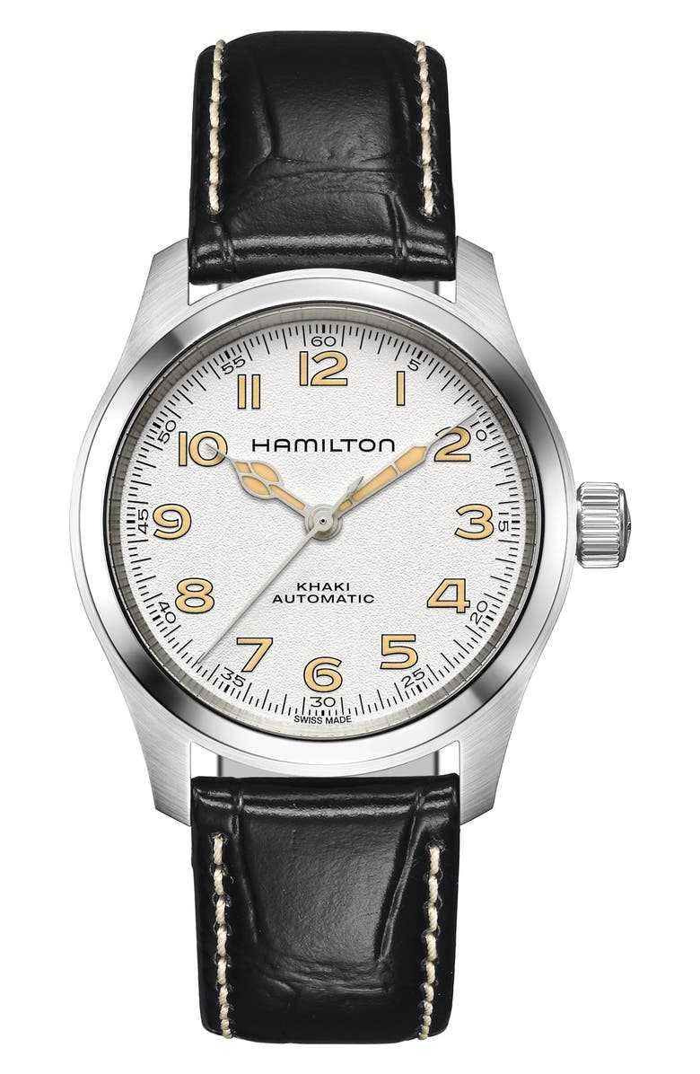 Hamilton Khaki Field Automatic Leather Strap Watch, 38mm, Main, color, White