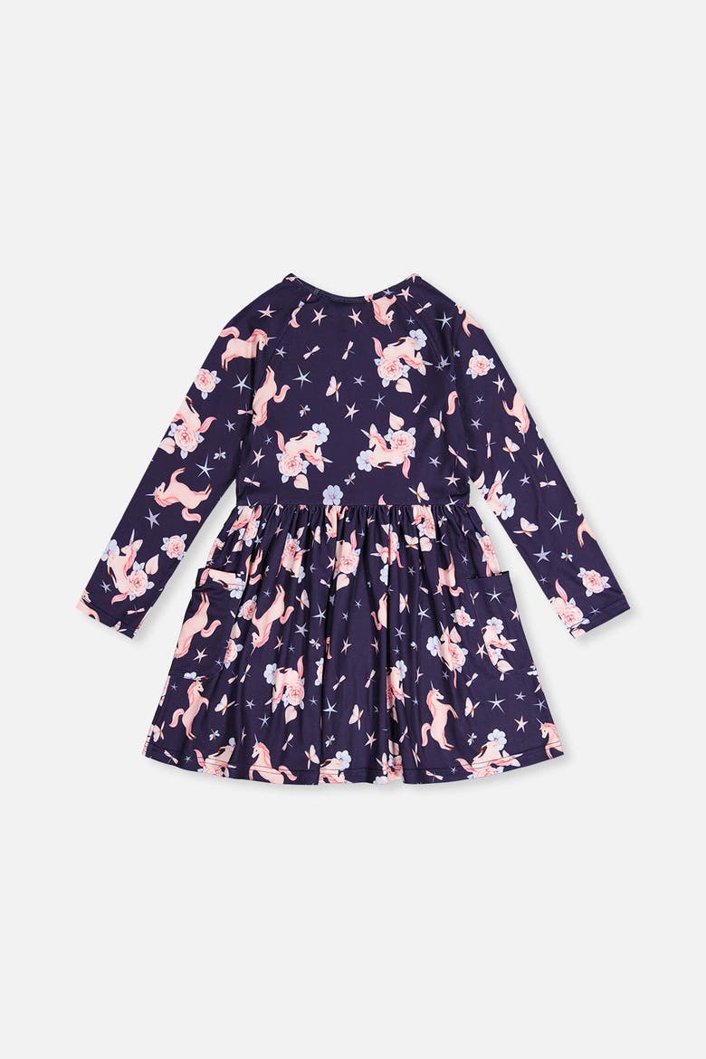 Long Raglan Sleeve Unicorn Dress with Patch Pockets, Alternate, color, Navy Unicorn Print