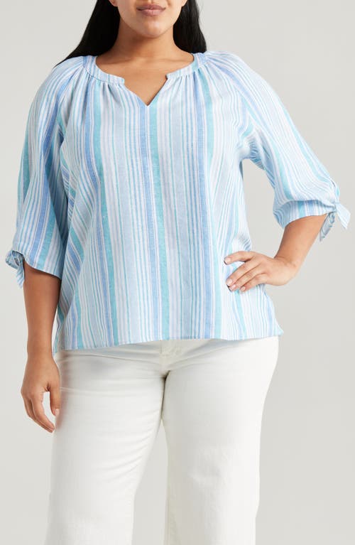 Jones New York Stripe Three Quarter Sleeve Linen Blend V-neck Top In Nyc White/turquoise