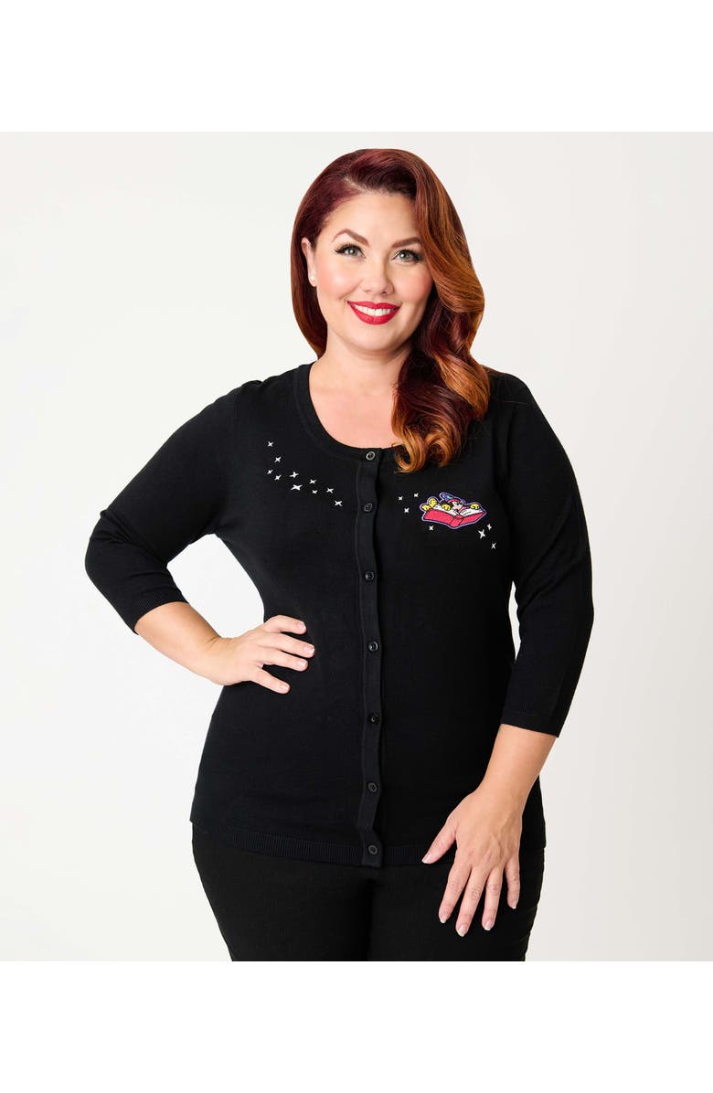 Unique Vintage Plus Size Bookworm Cardigan, Main, color, Black Magic Print