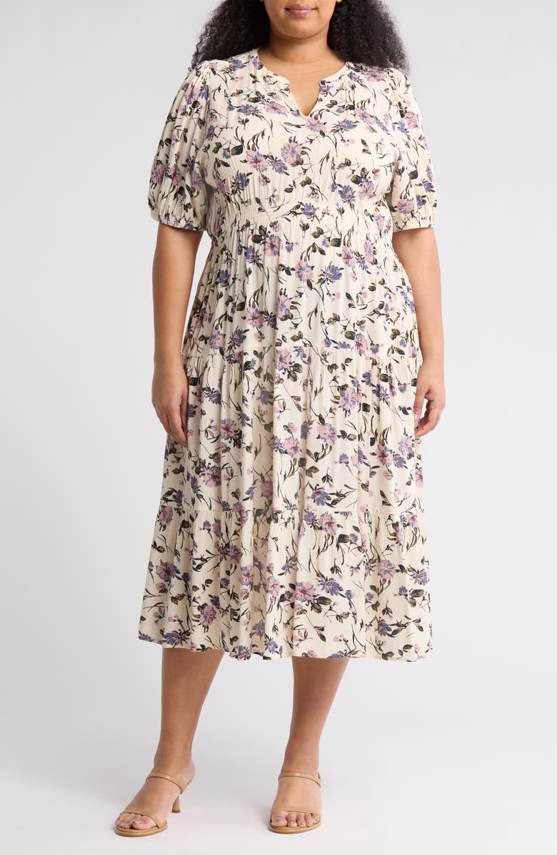 Melrose and Market Crinkle Midi Dress, Main, color, Ivory- Blue Prim Bloom