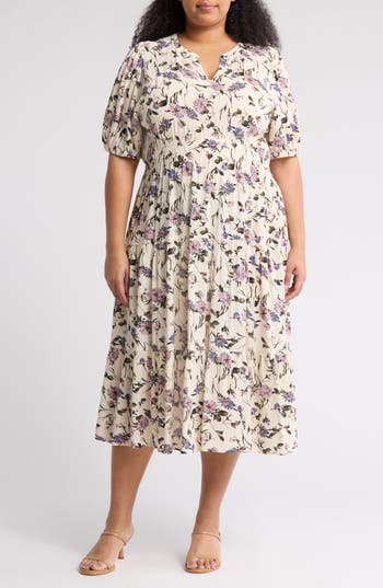 Melrose And Market Crinkle Midi Dress In Ivory- Blue Prim Bloom