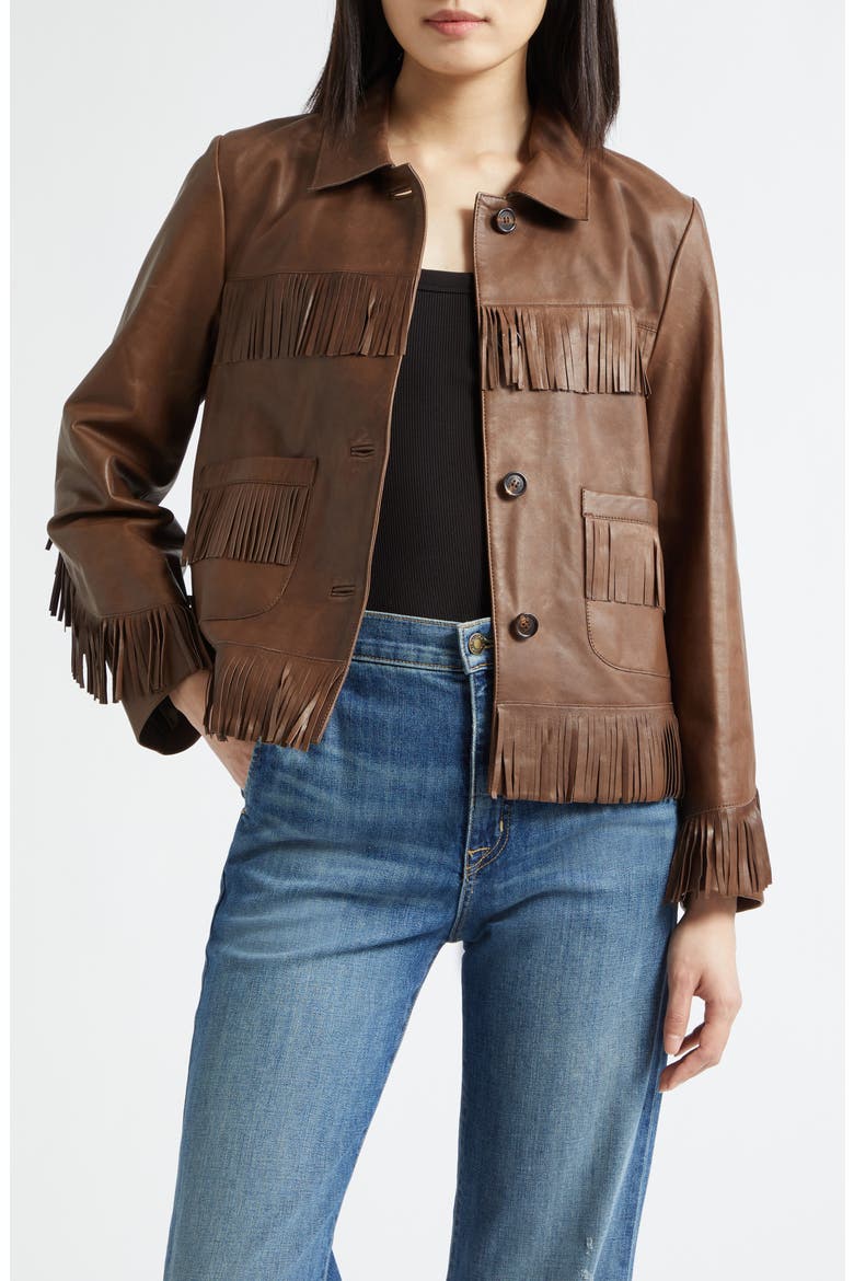 Lazare Fringe Detail Leather Jacket, Main, color, DARK BROWN