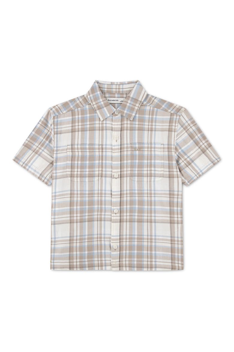 Kids' Boxy Fit Plaid Short Sleeve Cotton Button-Up Shirt, Main, color, SIMPLY TAUPE