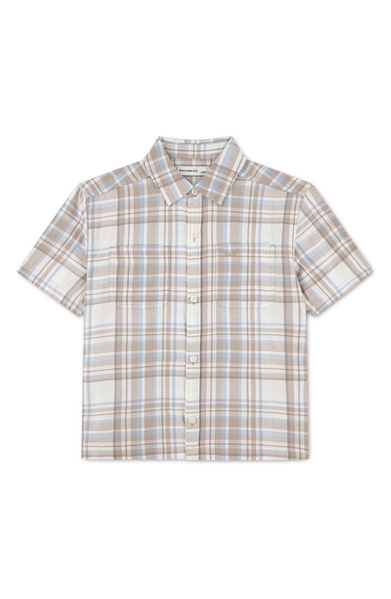 abercrombie kids Kids' Boxy Fit Plaid Short Sleeve Cotton Button-Up Shirt, Main, color, Simply Taupe