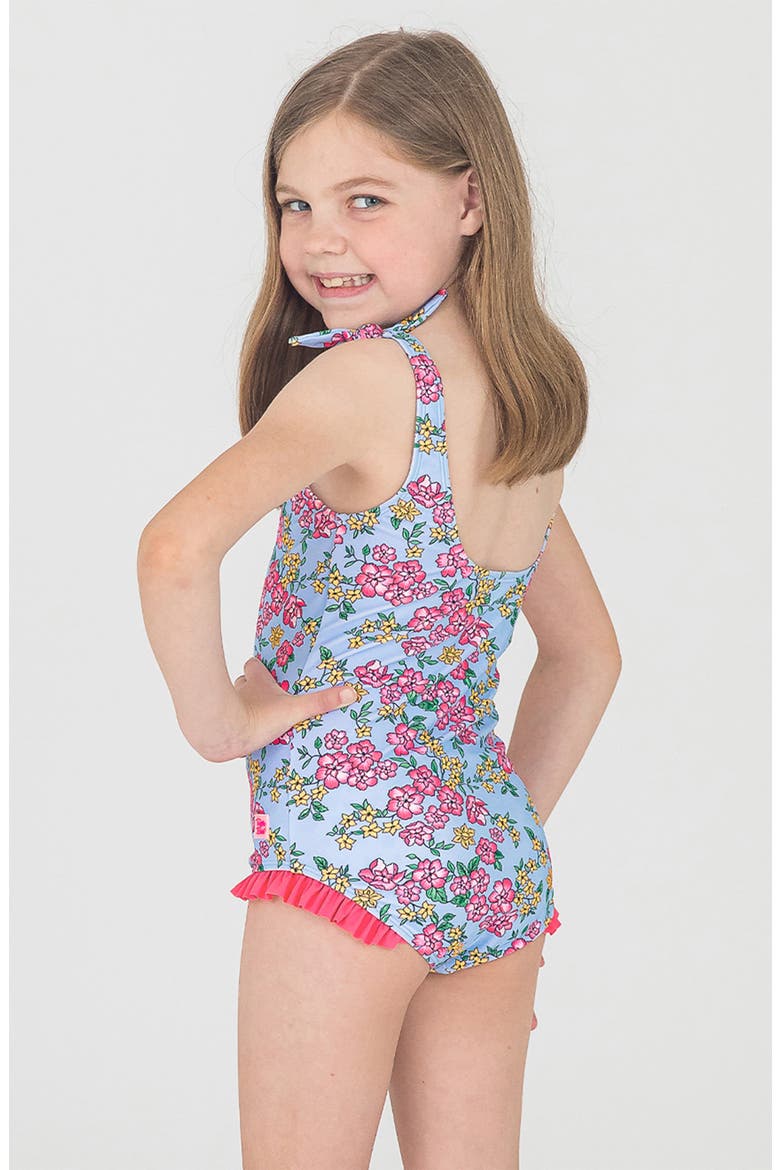 Kids' Cheerful Blossoms Tie Shoulder One-Piece Swimsuit, Alternate, color, BLUE/ PINK MULTI