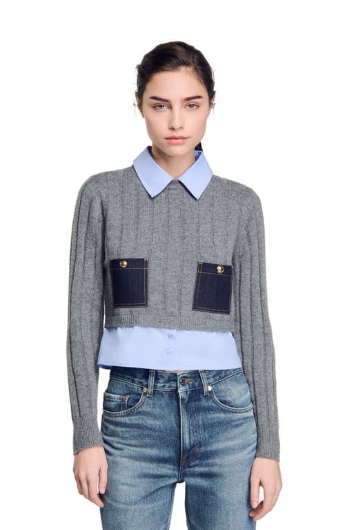 Sandro Wool-cashmere Poplin-trim Sweater In Grey