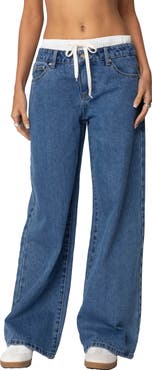 EDIKTED Drawstring Boxer Detail Nonstretch Wide Leg Jeans