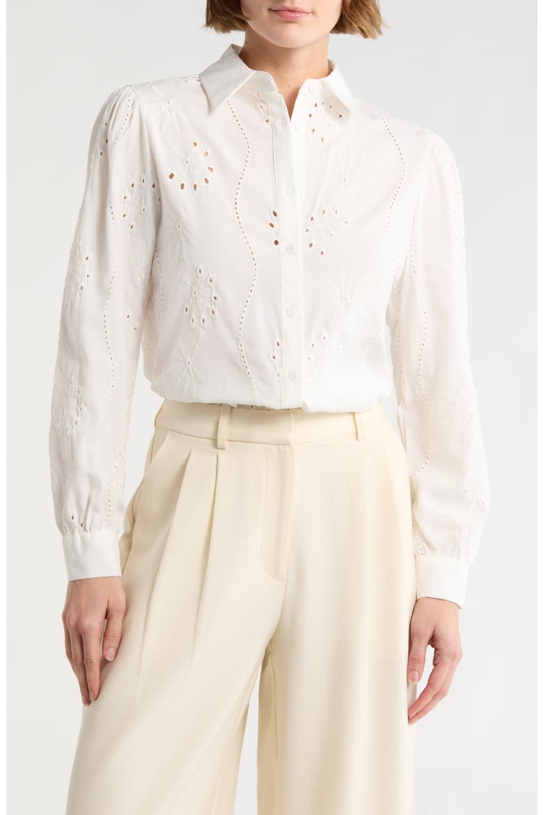Eyelet Hidden Placket Top, Main, color, WHITE