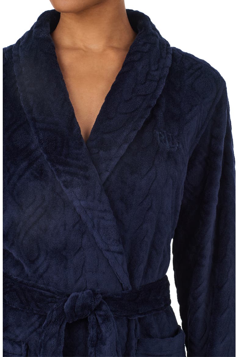 Embroidered Monogram Jacquard Fleece Robe, Alternate, color, NAVY
