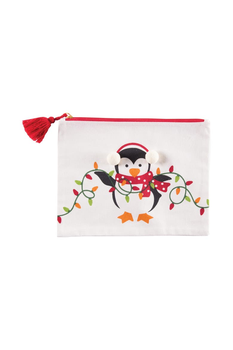 Happy Penguin w/ Christmas Lights Zipper Makeup Bag Organizer Pouch, Main, color, Red