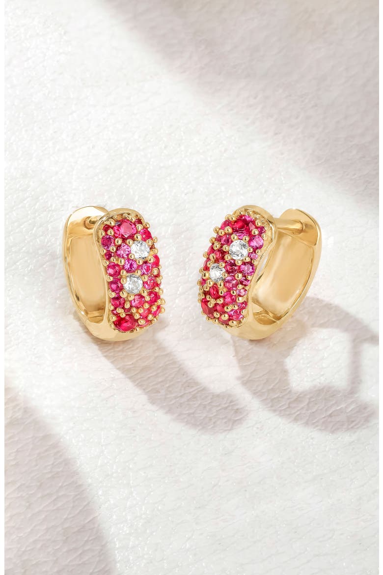 Lab Created Ruby Huggie Hoop Earrings, Alternate, color, PINK