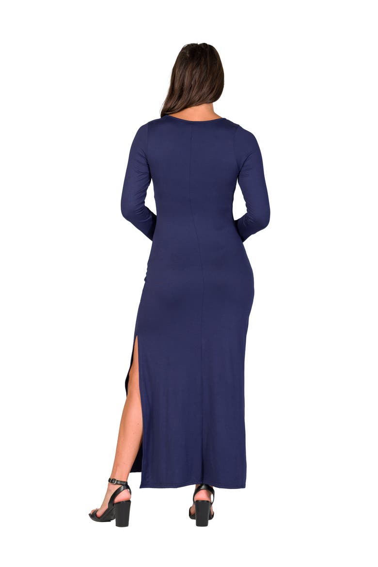 Long Sleeve Side Slit Fitted Black Maxi Dress, Alternate, color, Navy