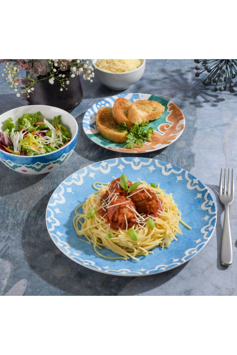 Savory Saffron 18 piece Round Fine Ceramic Dinnerware Set, Alternate, color, Golden Blue