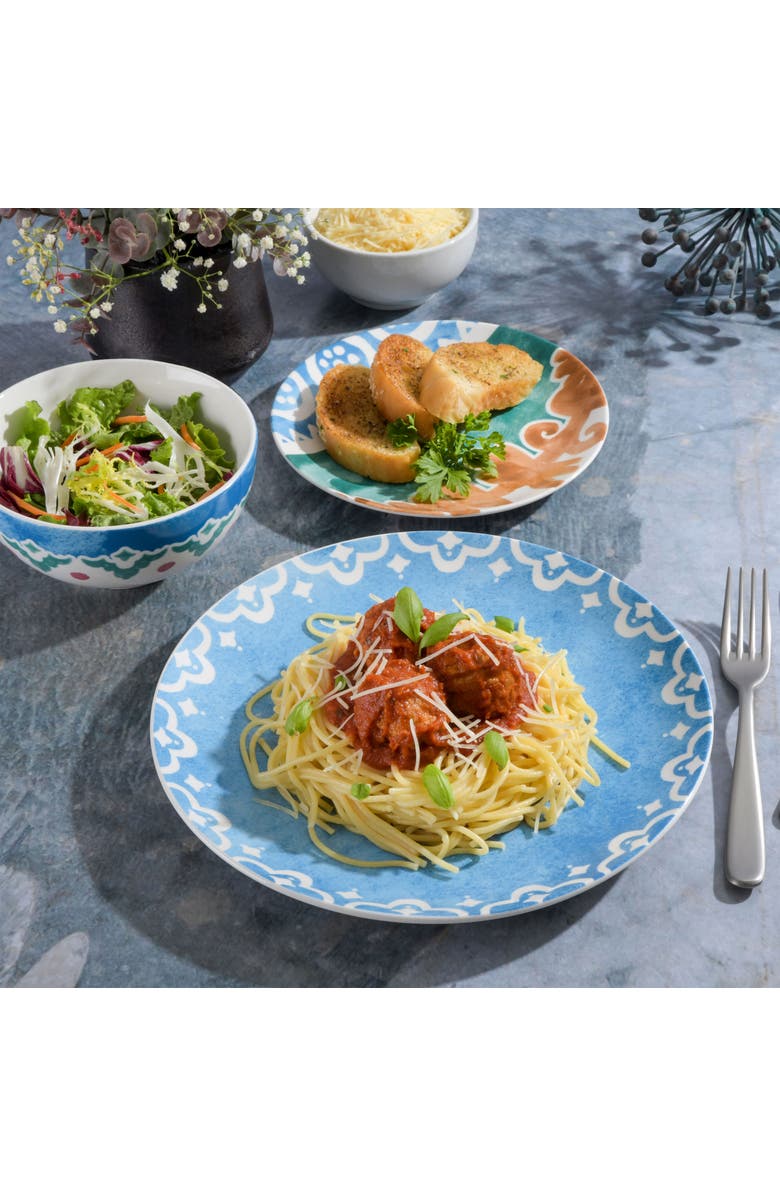 Spice By Tia Mowry Savory Saffron 18 piece Round Fine Ceramic Dinnerware Set, Alternate, color, Golden Blue