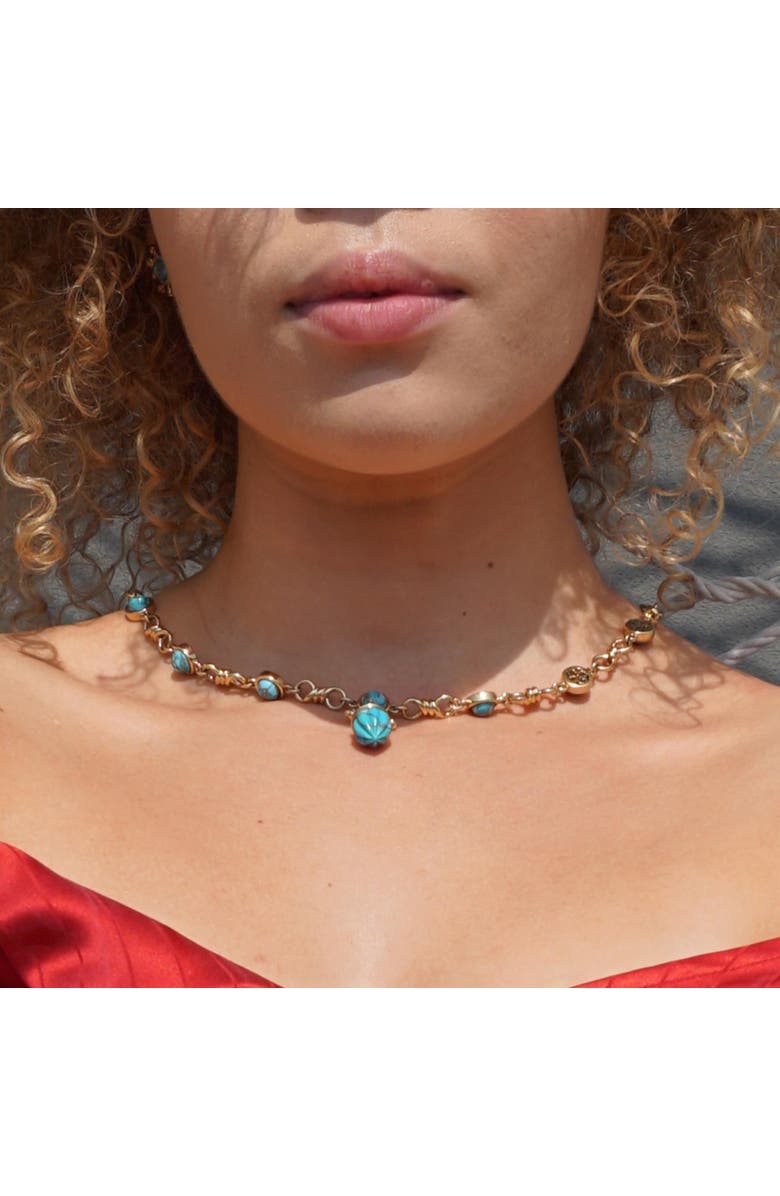 LuvMyJewelry Twisted Rays Design Yellow Gold Plated Sterling Silver Turquoise Gemstone Necklace, Alternate, color, 