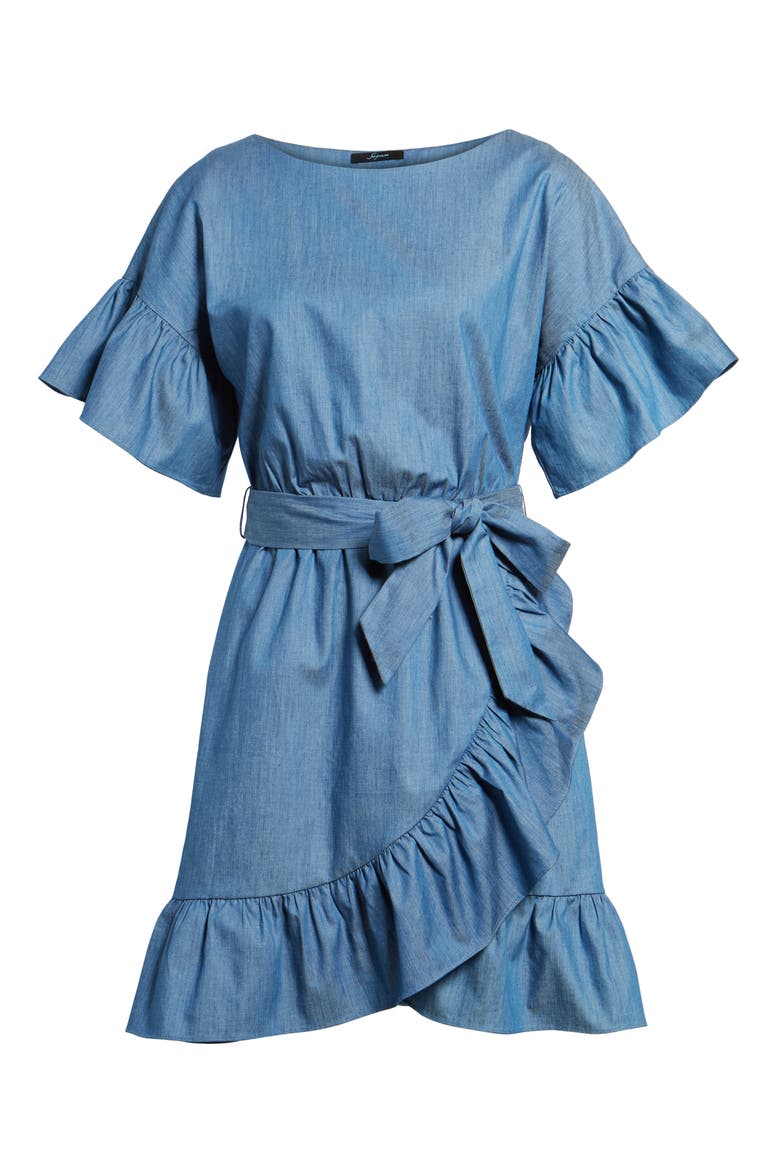 Ruffle Denim Wrap Dress, Alternate, color, DENIM