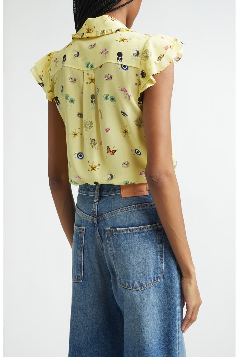 Martel Ruffle Flutter Sleeve Silk Button-Up Shirt, Alternate, color, LUCKY STAR