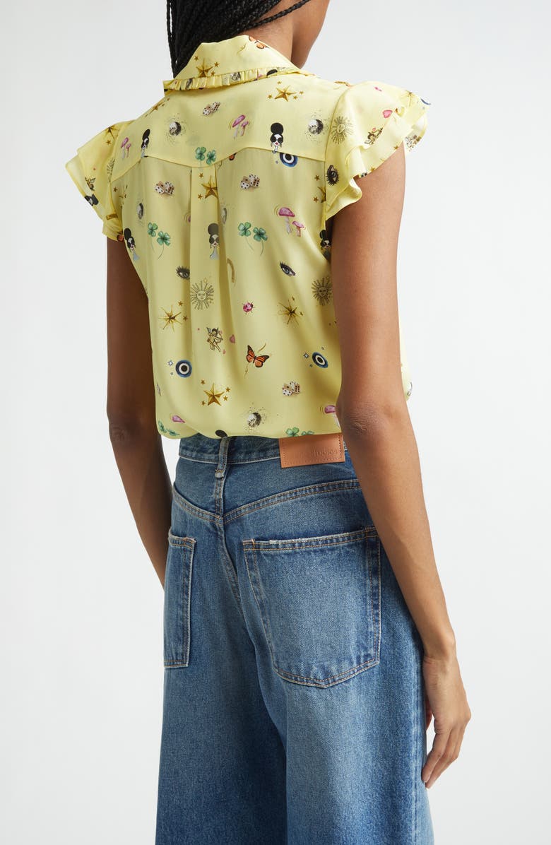 Alice + Olivia Martel Ruffle Flutter Sleeve Silk Button-Up Shirt, Alternate, color, Lucky Star