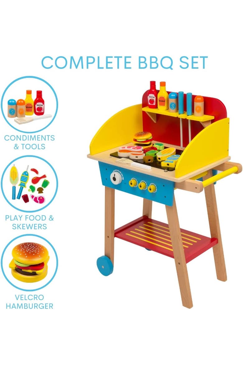 Cook 'N Grill Wood Toy BBQ Set- Pretend Play Wooden Barbeque Food & Grilling Tools for Kids, 30+ Pieces, Alternate, color, Red