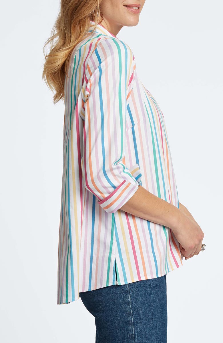 Foxcroft Agnes Rainbow Stripe Three-Quarter Sleeve Cotton Popover Top, Alternate, color, 