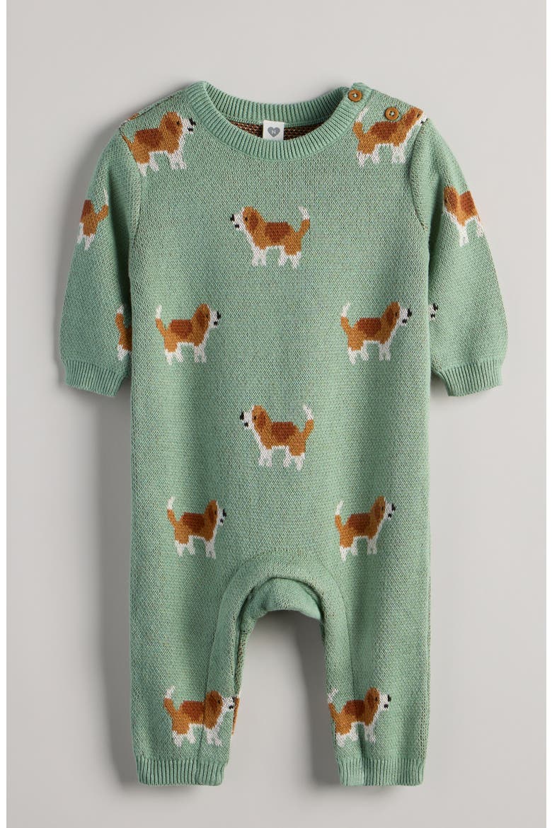 Jacquard Cotton Sweater Romper, Main, color, GREEN GRANITE BEAGLES